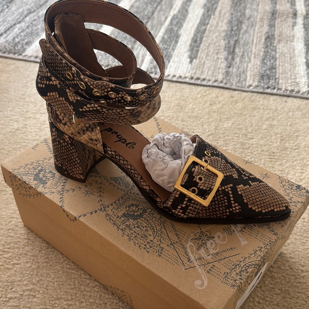 Free People Tan Snake Block-Heeled Shoes